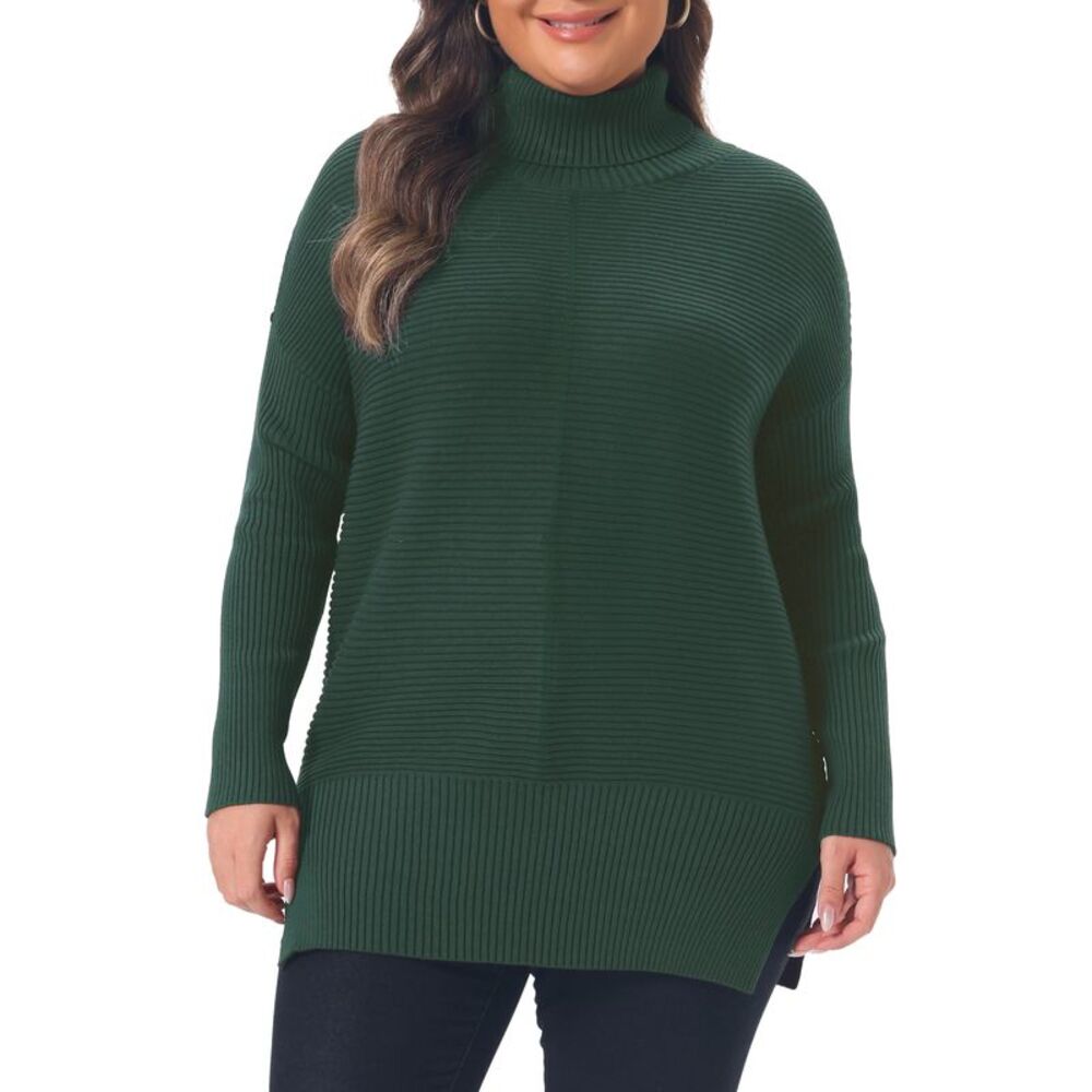 Women Plus Size Turtleneck Loose Knit Pullover Sweater Dark Green